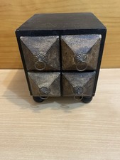 Vintage Wooden Apothecary Spice Box 4 Drawer Round Feet Brass Handles Table-Top