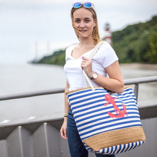 Bolso de playa shopper grande a rayas con estampado de ancla adorno de rafia marítimo nuevo - Imagen 8 de 46