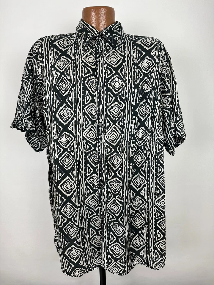 Винтажная мужская шелковая рубашка 90-х с геометрическим узором большая ВЫСОКАЯ племенная гавайская Roundtree Yorke - Изображение 2 из 4