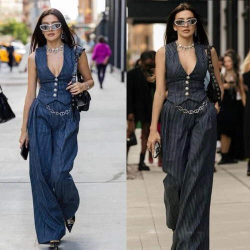 Casual Women's Suits 2 Pieces Striped Vest Pants Set Business Ladies Outfits - Picture 1 of 5