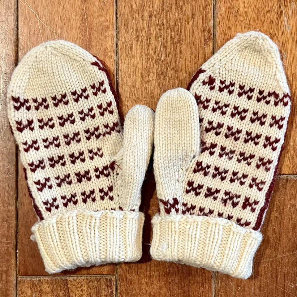 Vintage 1960s 60s MCM Hand Knit Alpine Norwegian Mittens Women Ivory Maroon - Image 2 of 4