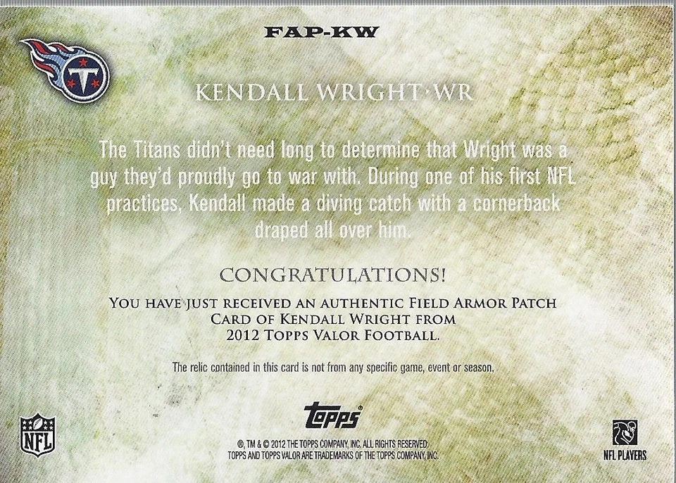 2012 Topps Valor Field Armor Patches #FAPKW Kendall Wright Patch /150 - FB - Image 2 of 2