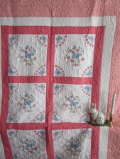 Vintage Hand Embroidered PATCHWORK Floral Quilt, 60 X 80, CUSTOM QUILTING, NICE