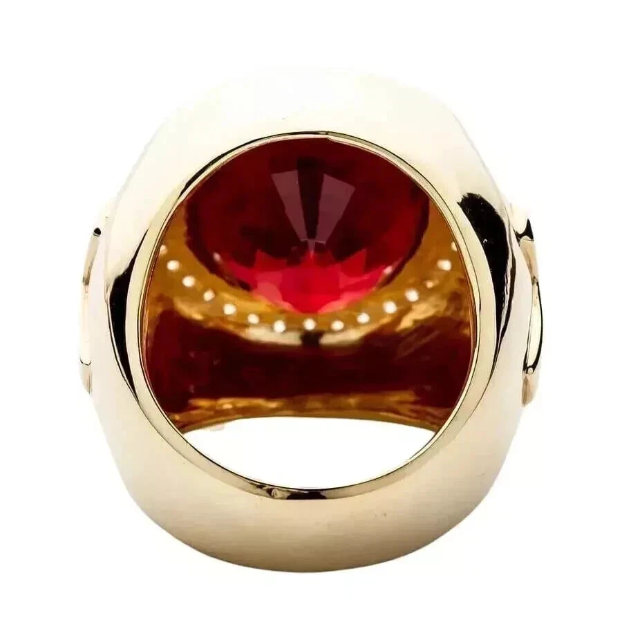 3Ct Oval Cut Lab-Created Red Ruby Men's Cross Bishop Ring 14K Yellow Gold Plated - Image 2 of 4