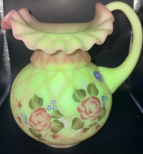 READ FENTON GLASS URANIUM VASELINE BURMESE DIAMOND OPTIC PITCHER HANDPAINTED