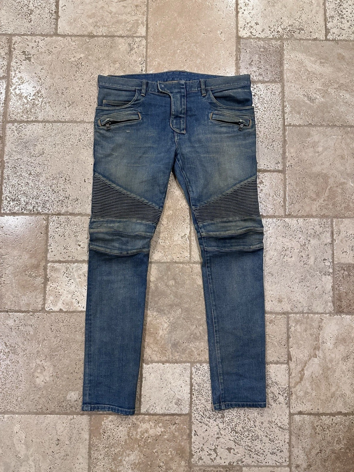 Balmain — Balmain Biker Distressed Stone Wash Blue Denim Jeans