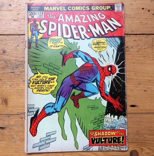 Spider-Man #128 Jan 1974 feat Vulture, Clifton Shallot, cents, Bronze Age comic