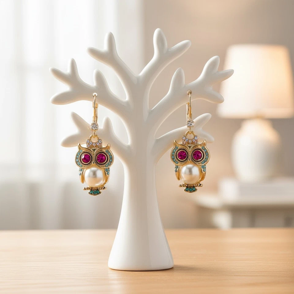 Pendientes colgantes Betsey Johnson perla búho - Acentos de piedra mixta Critter tono dorado Foto 2 de 4