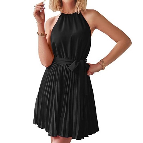 Womens Elegant Sleeveless Tie Back Halter Solid Color Belted Pleated Flowy Dress - Bild 45 von 48