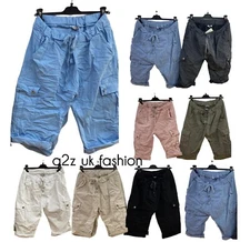 WOMENS ITALIAN COMBAT CARGO STRETCH SHORTS PLAIN MAGIC COMFY LAGENLOOK HOT PANTS