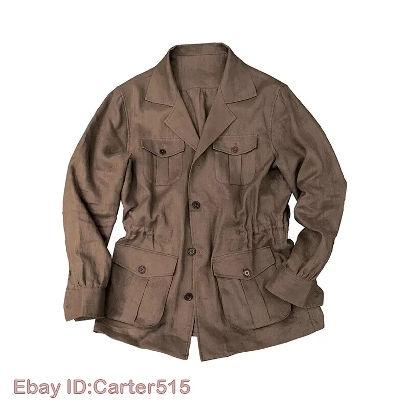 Men 100% Linen Safari Jacket Slim Hunting Coat Casual Pockets Retro Formal Coat - Image 2 of 4