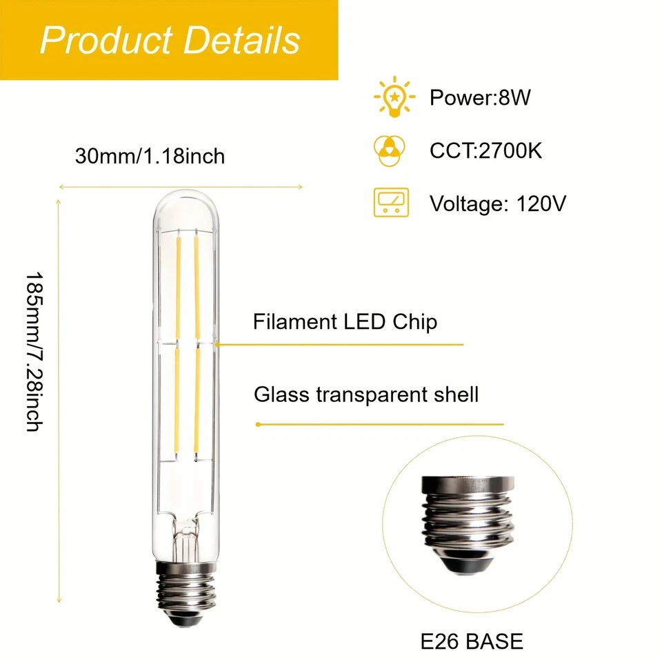 Dimmable E26 LED Bulbs 8W 6W T30 T10 Tubular Antique Lights Clear Glass 2700K - Image 4 of 4