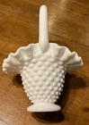 VINTAGE 6" FENTON HOBNAIL MILK GLASS BASKET WITH HANDLE (M983) RUFFLED EDGE