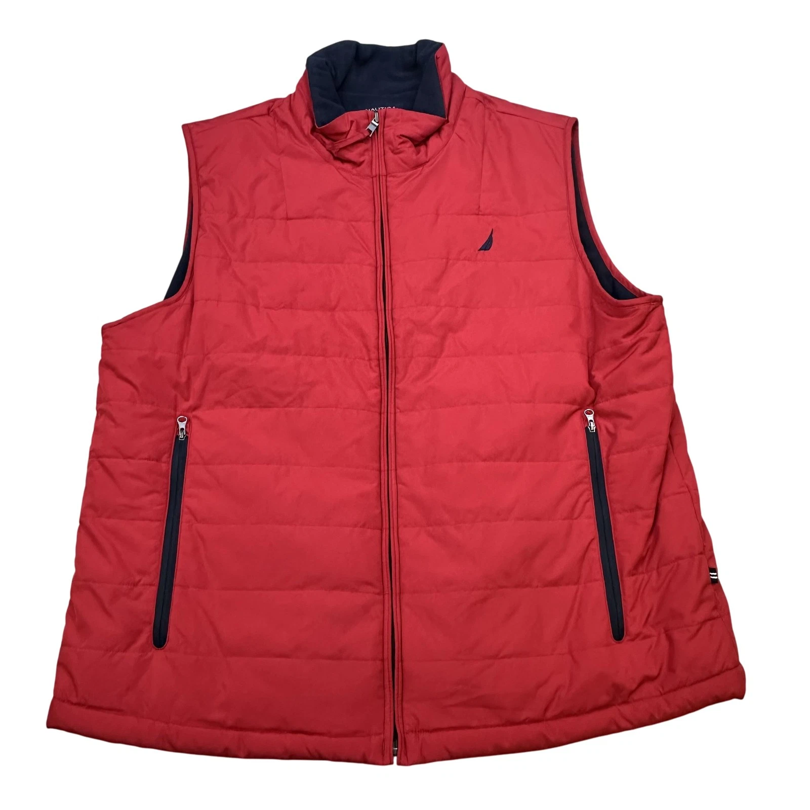 Nautica Vest Mens Large Red Quilted Puffer Zip Front Fleece Lined Navy Trim