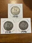 New ListingLot of 3 Walking Liberty Silver Half Dollars 1940-S, 1945-P, 1946-D Circulated