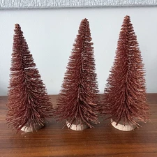 Lot Of 3 Rose Gold Metallic Sparkle Bristle Bottle Brush Trees 10" Holiday Decor