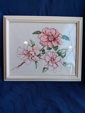 Framed Cross Stitch Picture Of Pink Camelias Vintage From A Kit