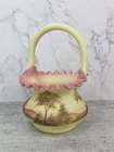 Fenton Burmese Ruffled Satin Yellow Custard Trees Pink UV Uranium Collect