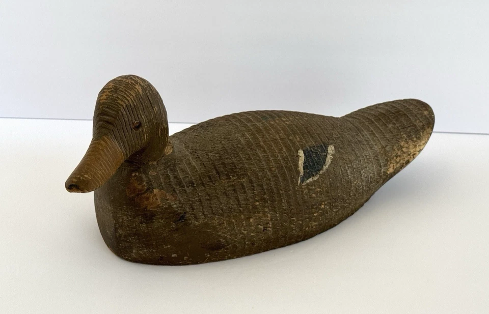 Antique Wooden Duck Decoy Folk Art Handmade Carved Glass Eyes Original Paint - Image 2 of 4