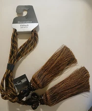 New W/tags Vatican Homes Brown Curtain Tiebacks Large 12“ Wood &Tassel Fringe.