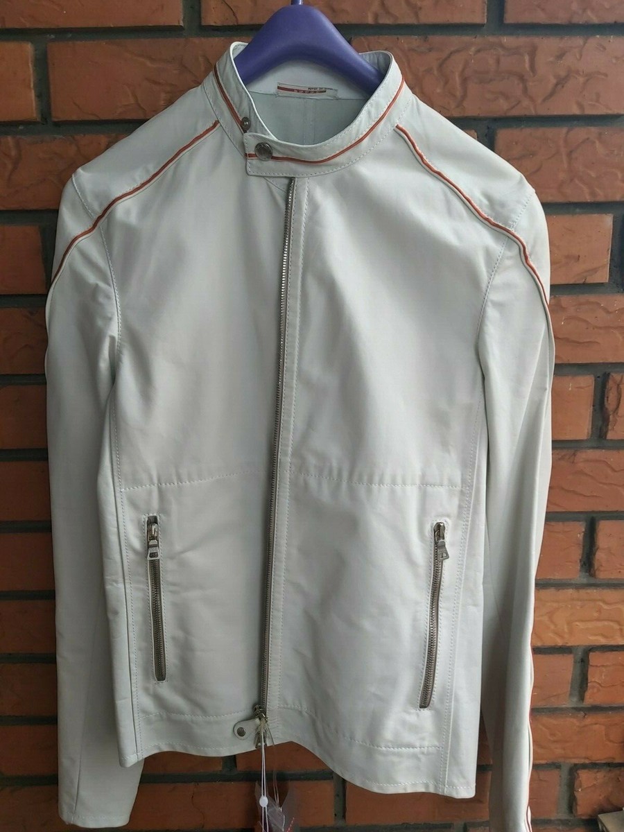 Vintage Prada Men's Jacket Coat Bomber Italy White Red Trim Vintage Prada Men's Jacket Coat Bomber Italy White Red Trim