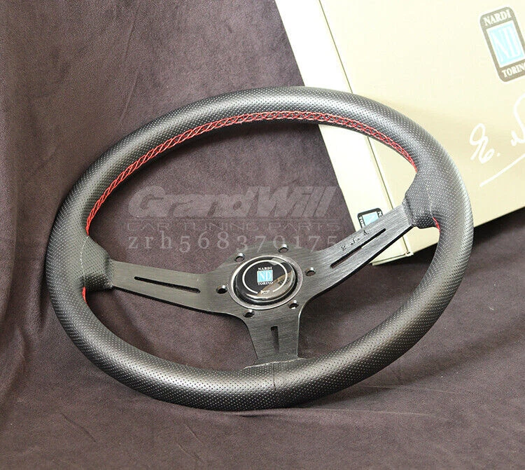 NARDI 350MM Mid-deep Perforated Leather Black Spoke Racing Sport Steering Wheel - Image 2 of 4