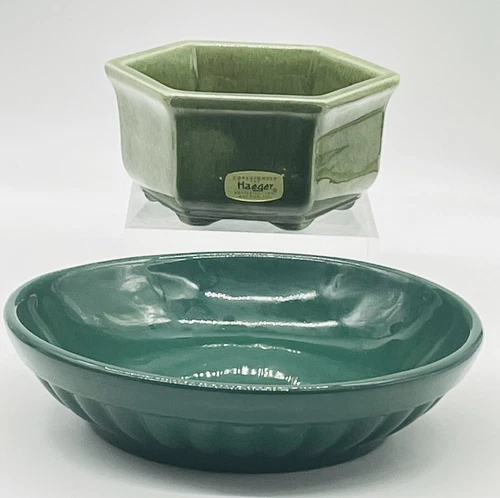 2 VTG Haeger Green Planters- #4002 Hexagon & #297 Ribbed Round Bowl Planter USA