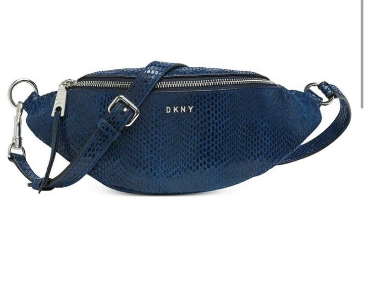 DKNY Womens Sally Leather Belt Bag Snakeskin Embossed Fanny Pack Royal Blue $228