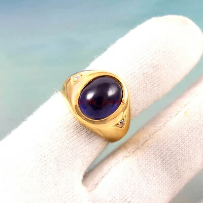 Bague Pour Homme En Argent Sterling 925 Plaqué Or Avec Saphir Bleu Chauffé #5915 - Photo 1/4