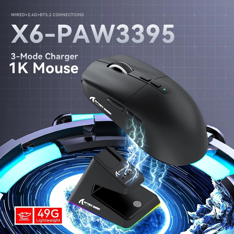 ATTACK SHARK X6 Bluetooth Mouse , Pixart PAW3395, Tri-Mode Connection, RGB Touch - Image 2 of 4
