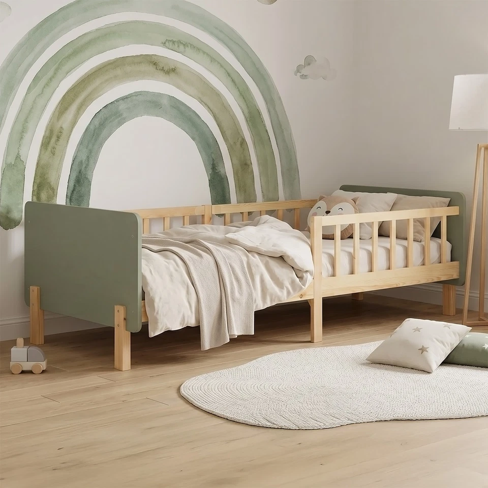 Kinderbett 90x200 cm Rausfallschutz Holz Grün Kinder Bett Lattenrost Homestyle4u - Bild 1 von 4