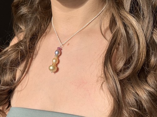 Collier/Pendentif,argent,perle gold des mers du sud,perles d'eau douce,saphirs - Picture 21 of 23