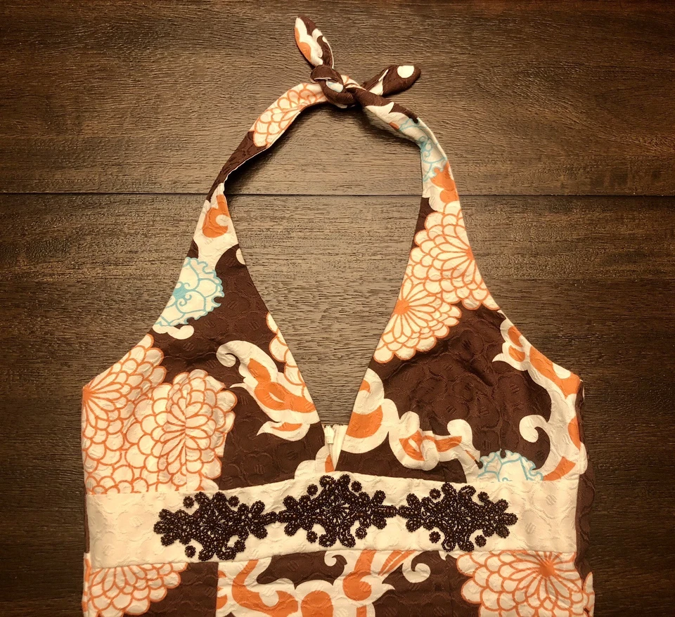 Trina Turk Brown/Multi Beaded Y2K Floral Halter Dress Sz 6 Tie Neck Zip Back - Image 3 of 4