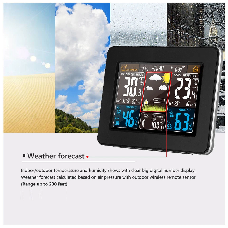 LCD Digital Wireless Weather Station Indoor Outdoor Thermometer Calendar Clock - Image 3 of 4