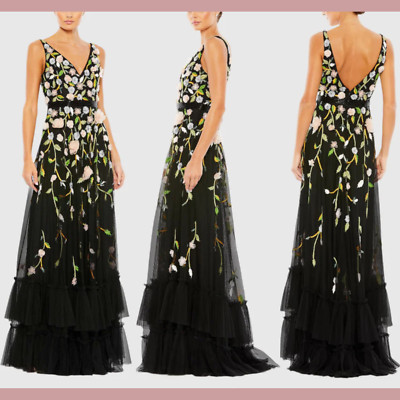 NWT Mac Duggal [ 4 ] 9171 Embellished Sleeveless V Neck A Line Gown Black J1641