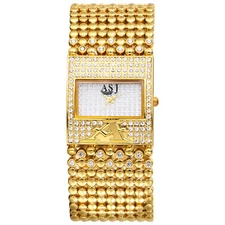 Women Luxury Shiny Rectangular Quartz Wrist Watch Wide Beads Bracelet Adjustable