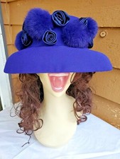 VINTAGE PURPLE BETMAR FUR HAT SATIN FLOWERS 22" Medium 7-71/8