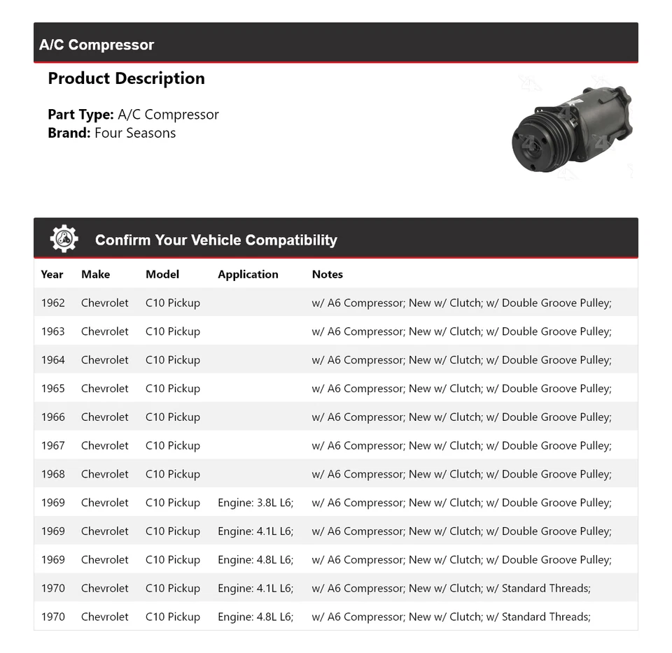 Compresor de aire acondicionado para camioneta Chevrolet C10 1962-1970 4 estaciones 1963 1964 1965 1966 Foto 2 de 4