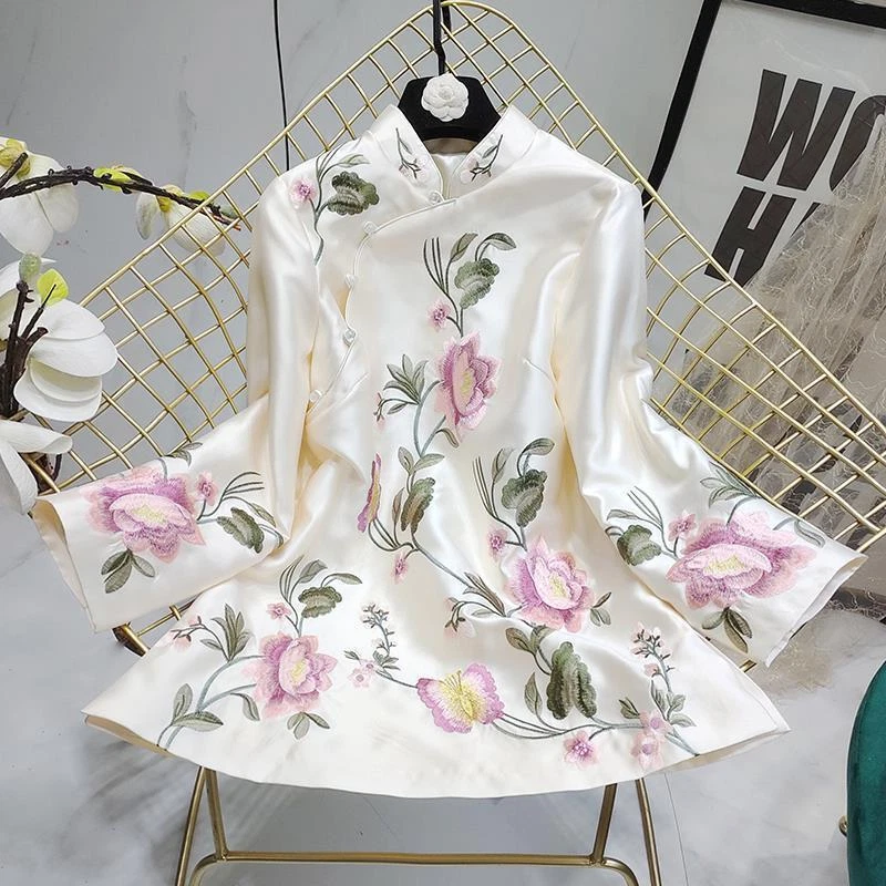 OFF WHITE Camicia stile cinese donna Cheongsam ricamata raso floreale blusa top canapa
