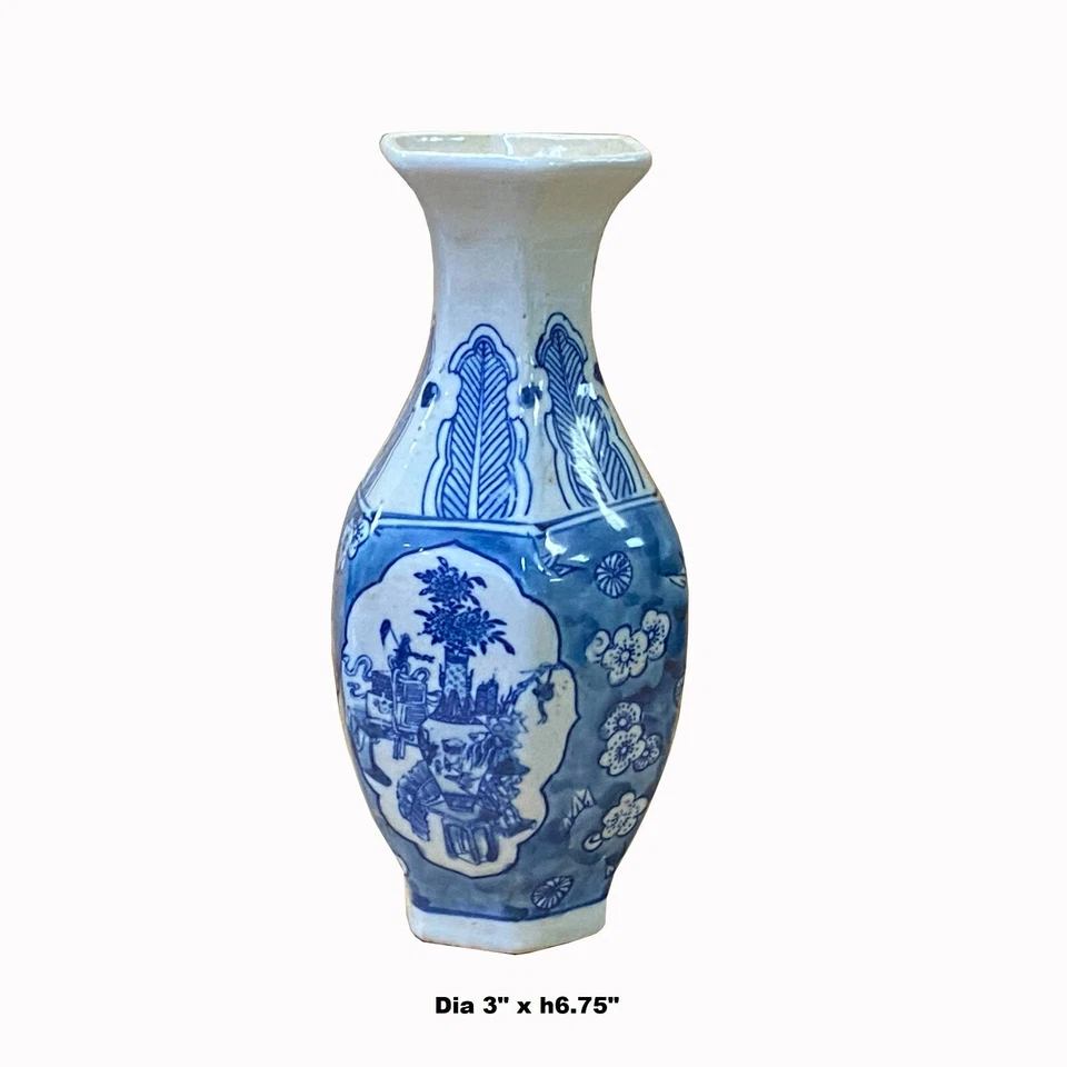 Lot of 2 Chinese Blue White Porcelain Hexagon Flowers Graphic Small Vase ws2035 - Image 3 of 4