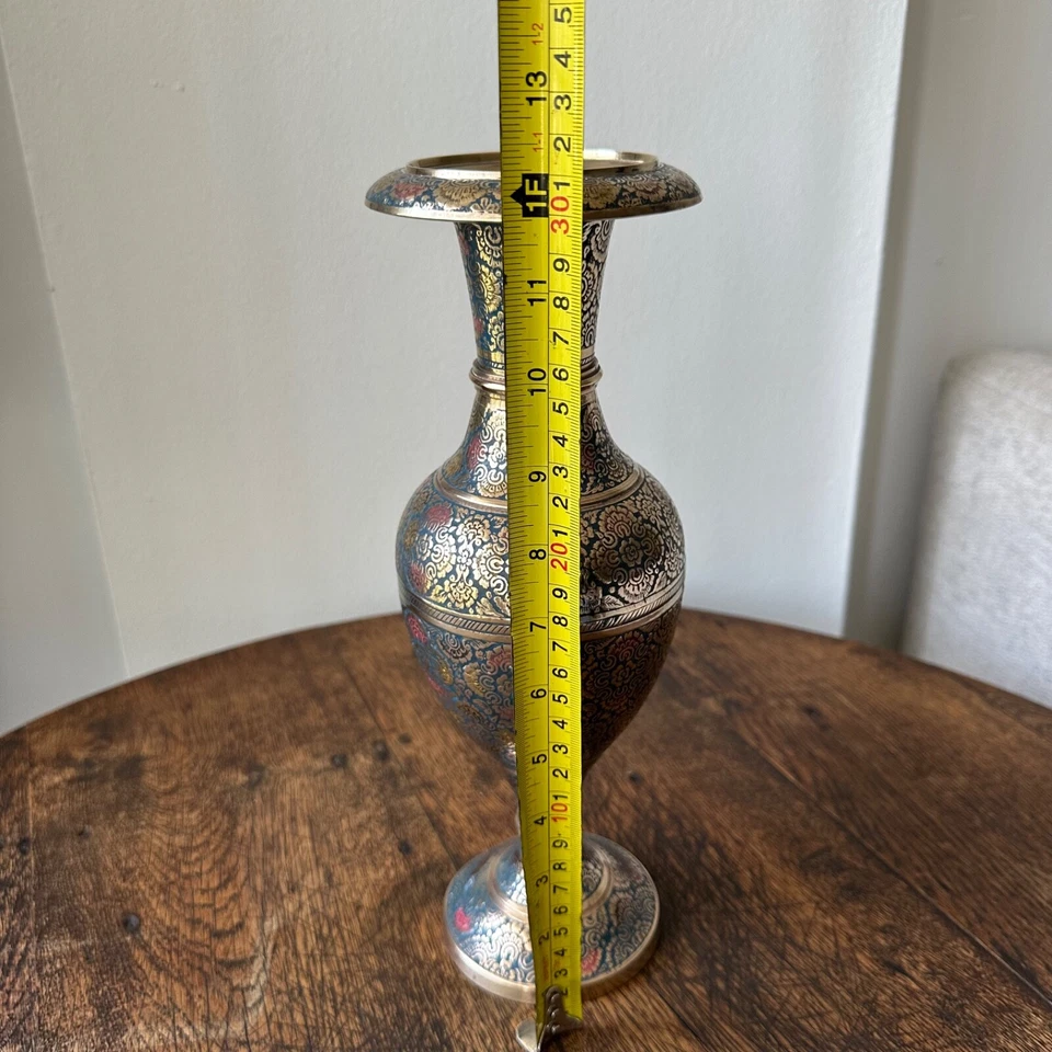 Florero de latón vintage multicolor de 12" pieza de exhibición artículo de decoración de regalo coleccionable Foto 3 de 4