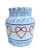 VTG Italy Handpainted Hearts Blue Splatter Glazed Clay Pottery  #17/710 Vase