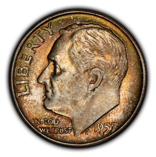 1957 10c Roosevelt Silver Dime - PQ Neon Rainbow Toning - BU - SKU-Y5118