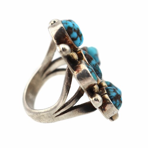 Navajo Turquoise Cluster and Silver Ring, c. 1940s, size 4.75 - Picture 4 of 4
