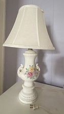 Leviton White Ceramic Floral Table Lamp Glossy Finish Bell Shade Knob Control