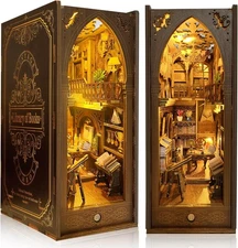 Book Nook Kit DIY Miniature 3D Puzzle Wooden Bookends Doll House with LED