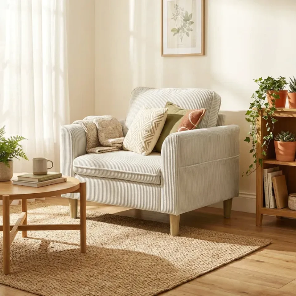 HOMCOM Fauteuil Salon Velours Côtelé Beige Rembourré Ressorts 83x74x87cm - Photo 3/4