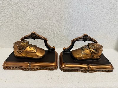2 MCM Bronze Baby Shoes Book Ends Vintage Nursery Decor Alice Ames Boston USA