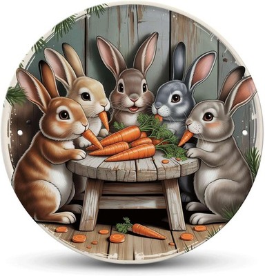 Family Eating Carrots Vintage Rabbits Tin Metal Signs Home Décor 8x8 
