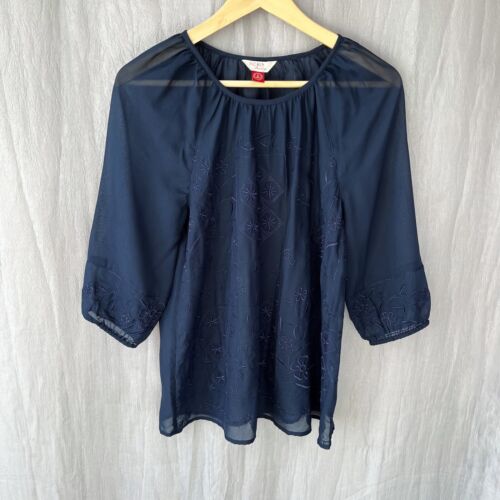 FALMER HERITAGE Navy Blue Embroidered SIZE 8 UK Sheer 3/4 Sleeve Top - Foto 1 di 6